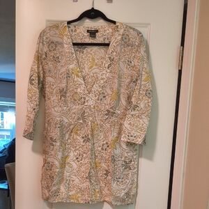 Eddie Bauer Cream and Brown Patterned Cotton Top